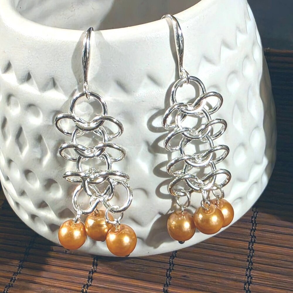 Handmade Champagne Gold Glass Pearl Sterling Silver Plated Chainmaille Earrings